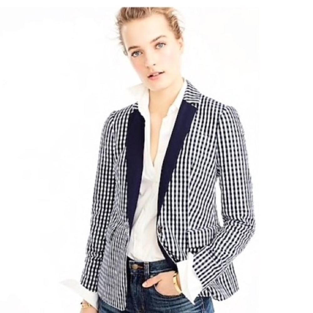 J Crew Navy Gingham Blazer‎ with Button Cuffs Size 2